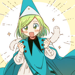 Rule 34 | 1girl, :d, blush, brushbug, cloak, closed eyes, coco (tongari boushi no atelier), dress, excited, green eyes, green hair, hat, highres, long sleeves, looking at viewer, open mouth, qifrey&#039;s atelier apprentice uniform, short hair, smile, solo, sparkle, sparkling eyes, standing, tongari boushi no atelier, witch hat, yongji (moli1023)