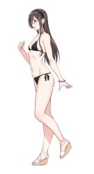 Rule 34 | 1girl, bare arms, bare legs, bare shoulders, bikini, black bikini, black hair, black hairband, breasts, collarbone, from side, full body, green eyes, hairband, highres, kantai collection, long hair, navel, ooyodo (kancolle), open mouth, profile, sandals, simple background, small breasts, solo, swimsuit, white background, yuuji (and)