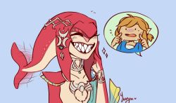 Rule 34 | 1boy, 1girl, blue background, colored skin, fish girl, grin, highres, jewelry, link, lips, mipha, multicolored skin, nervous, nintendo, no eyebrows, red skin, sharp teeth, simple background, smile, tail, tail wagging, teeth, the legend of zelda, the legend of zelda: breath of the wild, yuuzeart, zora