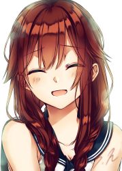 Rule 34 | 10s, 1girl, :d, absurdres, bare shoulders, blush, braid, breasts, brown hair, cleavage, closed eyes, collarbone, hair over shoulder, head tilt, highres, kantai collection, long hair, low twintails, noshiro (kancolle), open mouth, saijou yukina, sailor collar, simple background, small breasts, smile, solo, tongue, twin braids, twintails, upper body, white background