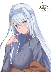 Rule 34 | 1girl, absurdres, alternate costume, alternate hairstyle, artist logo, brown shawl, fuyutsuki (kancolle), grey eyes, grey headband, grey sweater, headband, highres, kantai collection, lanthan, long hair, long sleeves, one-hour drawing challenge, ribbed sweater, shawl, simple background, smile, solo, sweater, upper body, very long hair, white background, white hair