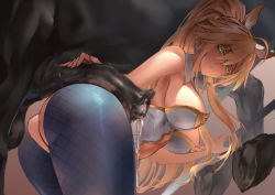 Rule 34 | 1girl, animal ears, animal penis, artoria pendragon (all), artoria pendragon (fate), artoria pendragon (swimsuit ruler) (fate), ass, bent over, bestiality, blonde hair, breasts, censored, fate/grand order, fate (series), green eyes, highres, horse, horse penis, large breasts, leotard, long hair, looking back, mosaic censoring, parted lips, penis, playboy bunny, polki, ponytail, solo focus, standing