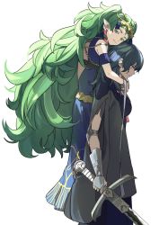 Rule 34 | 2girls, armlet, arms around neck, blue eyes, blue hair, breasts, byleth (female) (fire emblem), byleth (fire emblem), capelet, clothing cutout, dress, fire emblem, fire emblem: three houses, green eyes, green hair, highres, large breasts, long hair, looking ahead, looking at viewer, multiple girls, nintendo, shishima eichi, simple background, sothis (fire emblem), sword, tiara, very long hair, weapon, white background