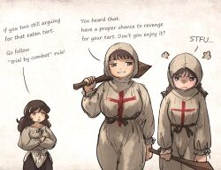 Rule 34 | 3girls, brown eyes, brown hair, cross, crossed arms, english text, habit, holding, holding weapon, ironlily, lady lucerne (ironlily), long hair, long sleeves, medieval, multiple girls, ordo mediare sisters (ironlily), sword, twin braids sister (ironlily), weapon, wooden sword
