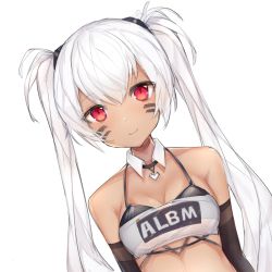 Rule 34 | 1girl, alabama (azur lane), azur lane, bandeau, bare shoulders, bikini, bikini under clothes, black bikini, black gloves, blush, breasts, cleavage, commentary request, detached collar, dutch angle, elbow gloves, facial mark, gloves, hair between eyes, jf tya, long hair, looking at viewer, partial commentary, red eyes, see-through, silver hair, simple background, small breasts, smile, solo, strapless, swimsuit, tube top, twintails, upper body, whisker markings, white background