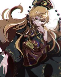 Rule 34 | 1girl, ayahi 4, black dress, black nails, blonde hair, blurry, chinese clothes, chromatic aberration, depth of field, dress, hand on own chin, highres, junko (touhou), long hair, long sleeves, looking at viewer, nail polish, phoenix crown, red eyes, sash, smile, solo, tabard, touhou, very long hair, wide sleeves