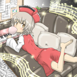 Rule 34 | 1girl, arm support, bad anatomy, barefoot, beamed quavers, blush, brown eyes, brown hair, chewing gum, couch, cushion, female focus, hat, instrument, keyboard (instrument), looking back, lying, lyrica prismriver, musical note, nobamo pieruda, note, on stomach, pillow, poorly drawn, quaver, sheet music, short hair, skirt, solo, staff (music), star (symbol), touhou, treble clef