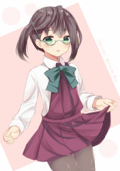 Rule 34 | 10s, 1girl, bad id, bad pixiv id, black hair, glasses, green eyes, highres, kantai collection, masayo (gin no ame), okinami (kancolle), open mouth, pantyhose, school uniform, short hair, skirt, smile, solo