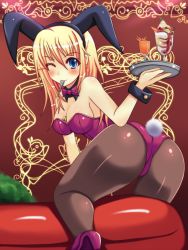 Rule 34 | 1girl, 85g, animal ears, ass, between breasts, blonde hair, blue eyes, breasts, chalice, cup, cushion, drink, fake animal ears, leotard, lighter, looking back, mouth hold, one eye closed, original, pantyhose, parfait, playboy bunny, rabbit ears, solo, spoon, wink