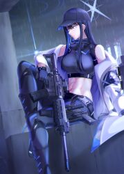 Rule 34 | 1girl, absurdres, bare shoulders, baseball cap, black hat, blue archive, blue eyes, blue gloves, blue hair, blue pants, blue shirt, breasts, cloud, cloudy sky, coat, commentary request, crop top, foot out of frame, gloves, gun, hair between eyes, hat, highres, holding, holding gun, holding weapon, knee up, large breasts, leggings, long hair, long sleeves, looking at viewer, midriff, misono chiaki, navel, off shoulder, open clothes, open coat, pants, rain, rifle, saori (blue archive), shirt, sitting, sky, solo, stomach, thighs, weapon, white coat