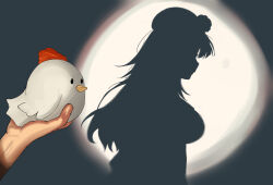 Rule 34 | 1girl, animal, bird, breasts, chicken, from side, hashtag only commentary, highres, holding, holding animal, hololive, hololive english, hololive shadow puppet (meme), kfp employee (takanashi kiara), large breasts, lebimax, meme, profile, silhouette, spotlight, takanashi kiara, takanashi kiara (1st costume), virtual youtuber