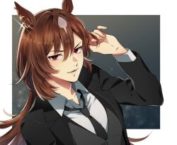 Rule 34 | 1girl, animal ears, black jacket, black necktie, black vest, blurry, bokeh, breasts, brown hair, collared shirt, depth of field, diffraction spikes, hair between eyes, hand in own hair, hand up, horse ears, jacket, long hair, long sleeves, looking at viewer, necktie, open clothes, open jacket, open mouth, red eyes, shirt, sirius symboli (umamusume), small breasts, smile, solo, sparkle, tori hatsu02, umamusume, upper body, v-shaped eyebrows, vest, white shirt