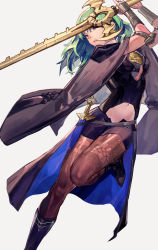 Rule 34 | 1girl, armor, black shorts, byleth (female) (fire emblem), byleth (fire emblem), cape, clothing cutout, dagger, fire emblem, fire emblem: three houses, green hair, grey background, highres, holding, holding sword, holding weapon, knife, medium hair, navel, navel cutout, nintendo, pantyhose, parted lips, sheath, sheathed, short shorts, shorts, simple background, solo, sword, vic (vedream), weapon