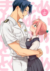 Rule 34 | 1boy, 1girl, admiral (kancolle), black hair, black skirt, black vest, blue eyes, commentary request, couple, cowboy shot, dress shirt, eye contact, hair ornament, hug, kantai collection, looking at another, military, military uniform, naval uniform, neck ribbon, pink hair, pleated skirt, ponytail, r-king, red ribbon, ribbon, school uniform, shiranui (kancolle), shirt, short hair, short sleeves, skirt, spoken squiggle, squiggle, uniform, vest, wall of text, white shirt