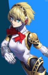 Rule 34 | 1girl, absurdres, aegis (persona), android, blonde hair, blue background, blue eyes, bow, bowtie, breasts, commentary, detached collar, english commentary, gold trim, grin, hair between eyes, headband, headphones, highres, joints, lips, looking at viewer, mechanical arms, mechanical parts, medium breasts, parted lips, persona, persona 3, pink lips, red bow, red bowtie, robot, robot ears, robot joints, short hair, signature, smile, solo, x xith x