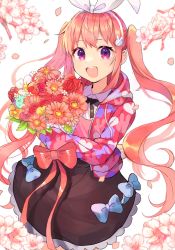 Rule 34 | 1girl, animal ears, bouquet, bow, denonbu, flower, hair bow, hair ornament, highres, jacket, long hair, long sleeves, looking at viewer, open mouth, orange hair, pink eyes, rabbit ears, sai (psy 0), sakurano mimito, shirt, skirt, smile, solo, standing, twintails