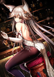 Rule 34 | 1girl, alcohol, animal ears, ass, back, backless dress, backless outfit, bad id, bad pixiv id, bar (place), bar stool, bare back, bare shoulders, bell, black pantyhose, blush, bottle, brown eyes, champagne flute, chinese clothes, cup, detached sleeves, dress, drink, drinking glass, elbow gloves, feet out of frame, flipped hair, fox ears, from behind, gloves, haguruma c, hair bell, hair ornament, hair ribbon, halterneck, highres, jingle bell, legs, light particles, long hair, looking at viewer, looking back, open mouth, original, pantyhose, revision, ribbon, shelf, side slit, sitting, solo, sparkle, spilling, stool, very long hair, white gloves
