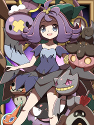 Rule 34 | 1girl, absurdres, acerola (pokemon), armlet, banette, clothes lift, commentary request, creatures (company), dress, dress lift, drifloon, eyelashes, flipped hair, game freak, gastly, gen 1 pokemon, gen 3 pokemon, gen 4 pokemon, gen 6 pokemon, gen 7 pokemon, grey dress, grey eyes, hair ornament, hairclip, highres, knees, lifted by self, medium hair, mimikyu, multicolored clothes, multicolored dress, nintendo, open mouth, pokemon, pokemon (creature), pokemon sm, pumpkaboo, purple hair, rotom, rotom (normal), sandygast, shabana may, short sleeves, smile, stitches, tongue, topknot, torn clothes, torn dress
