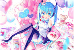 Rule 34 | 1girl, :d, bare shoulders, black footwear, black sleeves, black thighhighs, blue bow, blue eyes, blue hair, boots, bow, box, breasts, checkerboard cookie, collared shirt, commentary request, confetti, cookie, crown, detached sleeves, doughnut, flower, food, fork, fruit, gift, gift box, hair between eyes, hair ornament, happy birthday, hatsune miku, headphones, headset, heart, high heel boots, high heels, highres, holding, holding fork, holding plate, ikari (aor3507), knees up, long hair, long sleeves, looking at viewer, macaron, medium breasts, mini crown, open mouth, pastry box, pie, pie slice, pink flower, plate, red flower, red footwear, red rose, rose, shirt, sleeveless, sleeveless shirt, sleeves past wrists, smile, solo, strawberry, stuffed animal, stuffed toy, teddy bear, thigh boots, thighhighs, tiered tray, twintails, twitter username, very long hair, vocaloid, white shirt