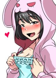 Rule 34 | 1girl, animal costume, black eyes, black hair, blush, breasts, cleavage, clothes lift, frilled shirt, frills, girls und panzer, heart, lifted by self, looking at viewer, mimuni362, open mouth, rabbit costume, shirt, shirt lift, short hair, solo, utsugi yuuki, white background
