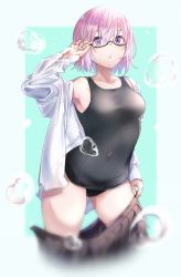Rule 34 | 1girl, absurdres, alternate costume, arched back, bare shoulders, black one-piece swimsuit, black skirt, blush, breasts, collarbone, covered navel, cowboy shot, cropped legs, fate/grand order, fate (series), glasses, green background, hair over one eye, hand up, highres, large breasts, long sleeves, looking at viewer, m.tokotsu, mash kyrielight, one-piece swimsuit, open clothes, open mouth, open skirt, pink eyes, pleated skirt, purple eyes, purple hair, school swimsuit, shirt, short hair, skirt, smile, solo, swimsuit, uniform, water drop, white background, white shirt