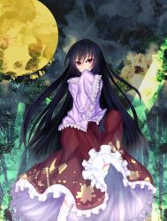 Rule 34 | 1girl, black hair, covering face, covering own mouth, covering privates, female focus, full moon, houraisan kaguya, long hair, moon, red eyes, skirt, sleeves past wrists, solo, sui-sui, touhou, very long hair, yellow moon