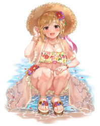 Rule 34 | 1girl, absurdres, aiba yumi, beach, bikini, blonde hair, bracelet, commentary, earrings, embroidered dress, floral print, flower, hair flower, hair ornament, hat, highres, idolmaster, idolmaster cinderella girls, idolmaster cinderella girls starlight stage, jewelry, legs, looking at viewer, multicolored nails, nail polish, necklace, ocean, sandals, see-through, short hair, sirurabbit, squatting, straw hat, sun hat, swimsuit, swimsuit cover-up, toenails, wading, water