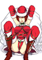 Rule 34 | 1girl, bad id, bad pixiv id, bdsm, bondage, boots, bound, breasts, cameltoe, christmas, crotch rope, delta zone, elbow gloves, gloves, groin, hat, large breasts, looking at viewer, open mouth, original, red hair, ribbon, ribbon bondage, sack, santa costume, santa hat, shibari, shibari over clothes, short hair, solo, spread legs, thighhighs