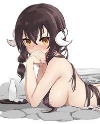 Rule 34 | 1girl, arched back, azur lane, bare shoulders, bathing, black hair, blush, bottle, breasts, choko (cup), completely nude, covered mouth, cup, drunk, from side, hori (hori no su), horns, long hair, looking at viewer, medium breasts, mikasa (azur lane), nude, onsen, orange eyes, own hands together, sake bottle, side ponytail, simple background, solo, tokkuri, upper body, v-shaped eyebrows, very long hair, white background