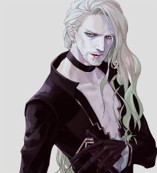 Rule 34 | 1boy, beard, black gloves, blonde hair, blood, choker, commentary request, earrings, facial hair, fate/apocrypha, fate (series), frilled sleeves, frills, gloves, jewelry, long hair, long sleeves, male focus, mustache, nose, simple background, solo, tongue, upper body, v-neck, vlad iii (fate/apocrypha), vlad iii (formal dress) (fate), yellow eyes