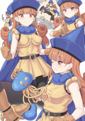 Rule 34 | 1girl, alena (dq4), bare shoulders, belt, black pantyhose, blue cape, blue headwear, blush, boots, broken wall, brown eyes, brown footwear, brown gloves, cape, curly hair, dragon quest, dragon quest iv, dress, earrings, gloves, hat, jewelry, kicking, long hair, looking at viewer, multiple views, one eye closed, orange hair, pantyhose, shiseki hirame, slime (dragon quest), smile, stepped on, tentacles, thighs, yellow dress