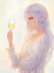 Rule 34 | 1girl, absurdres, alcohol, blue eyes, collarbone, colored eyelashes, cup, dress, drinking glass, elf, from side, green eyes, hand up, highres, holding, holding cup, holding drinking glass, kisei2, md5 mismatch, multicolored eyes, multicolored hair, nose, original, pointy ears, profile, purple hair, resolution mismatch, signature, silver hair, solo, source smaller, upper body, white dress, wine glass, yellow eyes