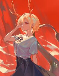 Rule 34 | 1girl, antlers, blue shirt, blue skirt, breasts, cowboy shot, dragon girl, dragon horns, dragon tail, hand in own hair, highres, horns, kicchou yachie, long skirt, orchid (pixiv3730518), red background, red eyes, shirt, short hair, short sleeves, skirt, small breasts, solo, square neckline, tail, touhou, yellow horns