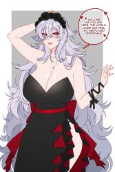 Rule 34 | 1girl, absurdres, alternate costume, armpits, azur lane, bare shoulders, black dress, border, breasts, cleavage, crossed bangs, cryptid crab, dress, earrings, english text, flower, graf zeppelin (azur lane), hair flower, hair ornament, highres, jewelry, large breasts, long hair, necklace, red eyes, side slit, silver hair, very long hair, white border