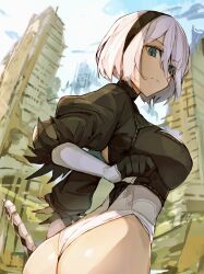 Rule 34 | 1girl, 2b (nier:automata), ass, back cutout, black gloves, black hairband, blue eyes, blue sky, breasts, building, closed mouth, clothing cutout, cloud, cloudy sky, commentary, feather-trimmed sleeves, gloves, hair between eyes, hairband, heattech leotard, highleg, highleg leotard, highres, juliet sleeves, large breasts, leotard, long sleeves, looking at viewer, looking to the side, nasubin (nasubisamurai15), nier:automata, nier (series), outdoors, puffy sleeves, short hair, sky, solo, turtleneck, upper body, white hair, white leotard