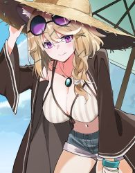 1girl, amulet, animal ears, aqua nails, arknights, bikini, bikini top, blonde hair, braid, breasts, brown robe, cowboy shot, denim, denim shorts, exion (neon), eyewear on head, fang, hair ornament, hairclip, hanging breasts, hat, highres, large breasts, looking at viewer, midriff, nail polish, navel, official alternate costume, open clothes, open robe, outdoors, parasol, purple eyes, robe, shorts, skin fang, sky, smile, solo, standing, straw hat, sunglasses, swimsuit, umbrella, utage (arknights), utage (summer flowers) (arknights), wristband