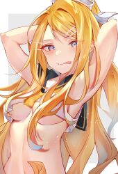 Rule 34 | 1girl, :p, arms behind head, arms up, bare arms, black sailor collar, blonde hair, blue eyes, border, breasts, crop top, future style (module), grey background, hair ribbon, highres, inuyama (1109), kagamine rin, linea alba, long hair, looking at viewer, medium breasts, navel, outside border, ponytail, project diva (series), ribbon, sailor collar, solo, tongue, tongue out, tsurime, underboob, upper body, very long hair, vocaloid, white border, white ribbon