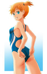 Rule 34 | 1girl, adjusting clothes, adjusting swimsuit, ass, blue eyes, blue one-piece swimsuit, breasts, competition swimsuit, cowboy shot, creatures (company), from behind, game freak, grin, looking at viewer, looking back, misty (pokemon), nintendo, one-piece swimsuit, one side up, orange hair, pavelnedved11, pokemon, pokemon rgby, short hair, short twintails, sideboob, small breasts, smile, solo, standing, swimsuit, twintails