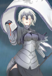 Rule 34 | 1girl, absurdres, alternate hairstyle, armor, blood, blood on face, chain, fate/apocrypha, fate/grand order, fate (series), hair over one eye, highres, jeanne d&#039;arc (fate), jeanne d&#039;arc alter (avenger) (fate), jeanne d&#039;arc alter (fate), jingzhongyin, rain, ruler (fate/grand order), short hair, solo, standard bearer, thighs