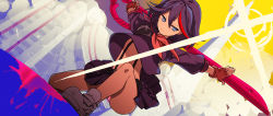 Rule 34 | 1girl, ass, bare legs, black hair, black skirt, blue eyes, breasts, building, dust, dutch angle, fingerless gloves, from above, frown, gloves, holding, holding weapon, isozi, kill la kill, kneeling, looking away, matoi ryuuko, midriff, multicolored hair, on one knee, orange sky, outstretched arms, paint, panties, pleated skirt, red gloves, red hair, school uniform, scissor blade (kill la kill), senketsu, serious, shiny skin, shoes, skirt, sky, solo, sparkle, streaked hair, striped clothes, striped panties, suspenders, suspenders under shirt, thighs, underboob, underwear, v-shaped eyebrows, weapon, white footwear