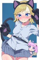 2girls ahoge animal_ears animal_hands aozora_himari black_gloves blonde_hair blue_eyes blush breasts cat_ears cat_tail chibi dress_shirt embarrassed facing_viewer fake_animal_ears gloves grey_skirt hands_up highres himitsu_no_aipri hoshikawa_mitsuki legs_apart long_sleeves medium_breasts medium_hair michi_no_ji miniskirt multiple_girls paw_gloves pink_hair pink_skirt pleated_skirt pretty_series purple_eyes sagging_breasts shirt skirt sleeves_rolled_up solo_focus standing sweat tail twintails wavy_mouth white_shirt