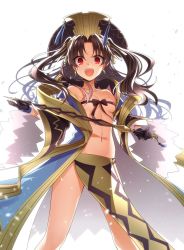 Rule 34 | 1girl, black gloves, black hair, cosplay, fate/grand order, fate (series), gloves, headdress, ishtar (fate), navel, nyakelap, pelvic curtain, red eyes, ribbon, solo, twintails, two side up, white background, wide sleeves, wu zetian (fate), wu zetian (fate) (cosplay)