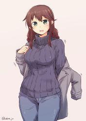 Rule 34 | 10s, 1girl, bad id, bad twitter id, bag, braid, breasts, brown hair, casual, contemporary, denim, female focus, green eyes, highres, jeans, kantai collection, kodera ju, long hair, noshiro (kancolle), pants, ribbed sweater, solo, sweater, turtleneck, twin braids