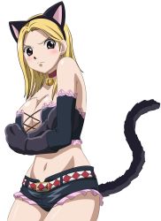 Rule 34 | 1girl, animal ears, animal hands, artist request, bare shoulders, belt, black eyes, blonde hair, blush, breast hold, breasts, cat ears, cat tail, cleavage, elbow gloves, fairy tail, gloves, highres, large breasts, looking at viewer, lucy heartfilia, midriff, navel, paw gloves, short hair, short shorts, shorts, simple background, solo, standing, tail, white background