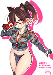 Rule 34 | 1girl, animal ears, black-framed eyewear, black gloves, breasts, brown hair, cat ears, cleavage, cowboy shot, cropped jacket, crotch plate, glasses, gloves, grin, happy birthday, highres, hololive, hori shin, large breasts, looking at viewer, medium breasts, multicolored hair, navel, one eye closed, pink hair, ponytail, roboco-san, simple background, smile, solo, standing, two-tone gloves, two-tone hair, v, virtual youtuber, white background, wink, yellow eyes