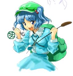 Rule 34 | 1girl, :d, bad id, bad pixiv id, blue hair, face, female focus, hair bobbles, hair ornament, hat, holding, kawashiro nitori, oekaki, open mouth, reeds, shiba itsuki, short hair, short twintails, smile, solo, touhou, twintails, two side up, wrench