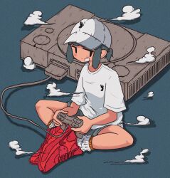 Rule 34 | 1girl, bandaid, bandaid on cheek, bandaid on face, baseball cap, butterfly sitting, cloud, controller, drop shadow, film grain, flat chest, full body, game console, game controller, grey background, grey hair, grey shorts, hat, highres, holding, holding controller, holding game controller, looking at viewer, nao97122, original, playstation 1, playstation controller, red footwear, shirt, shoes, short hair, short ponytail, short sleeves, shorts, sidelocks, sitting, sneakers, socks, solo, t-shirt, white hat, white shirt, white socks