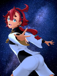Rule 34 | 1girl, :d, ass, asticassia school uniform, blue eyes, commentary request, from side, gundam, gundam suisei no majo, hair between eyes, hair ornament, highres, jacket, jewelry, looking at viewer, looking back, low ponytail, night, night sky, open mouth, outstretched arms, red hair, school uniform, shimuro, short hair, shorts, sky, smile, solo, star (sky), starry sky, suletta mercury, thick eyebrows, walking, white jacket, white shorts