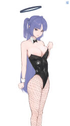 Rule 34 | 1girl, bare shoulders, blue archive, bow, bowtie, breasts, cleavage, clenched hand, detached collar, fishnet pantyhose, fishnets, halo, highres, leotard, long hair, looking at viewer, numb3r 3, pantyhose, parted lips, playboy bunny, purple eyes, purple hair, simple background, solo, two side up, white background, wrist cuffs, yuuka (blue archive)