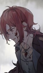 Rule 34 | 1boy, amenohi, blood, blood on face, clenched teeth, diluc (genshin impact), from side, genshin impact, hair between eyes, highres, jacket, long hair, male focus, ponytail, profile, rain, red eyes, red hair, sidelocks, solo, teeth, upper body